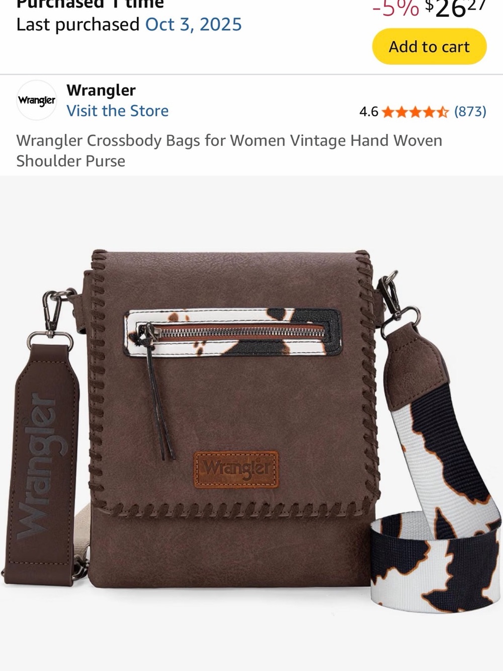 Wrangler Brown Crossbody Bag with Cow Patterned Accent Strap NEW.